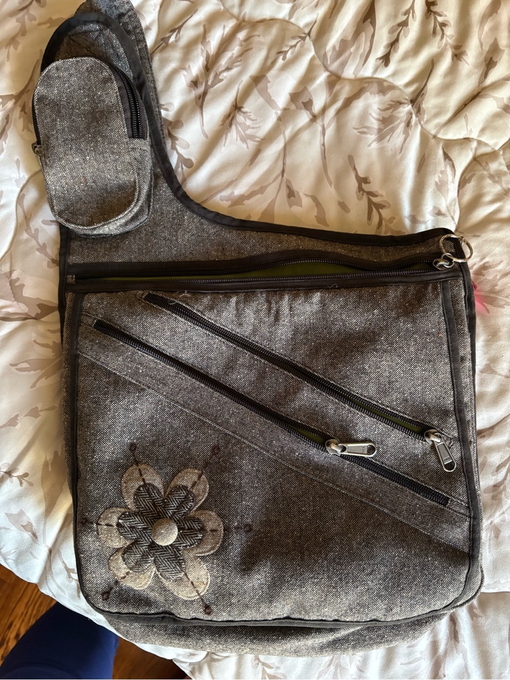 Gray Floral Crossbody Bag - Casual Everyday Shoulder Bag